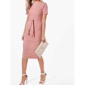 Boohoo Pleat Front Belted Tailored Midi Dress